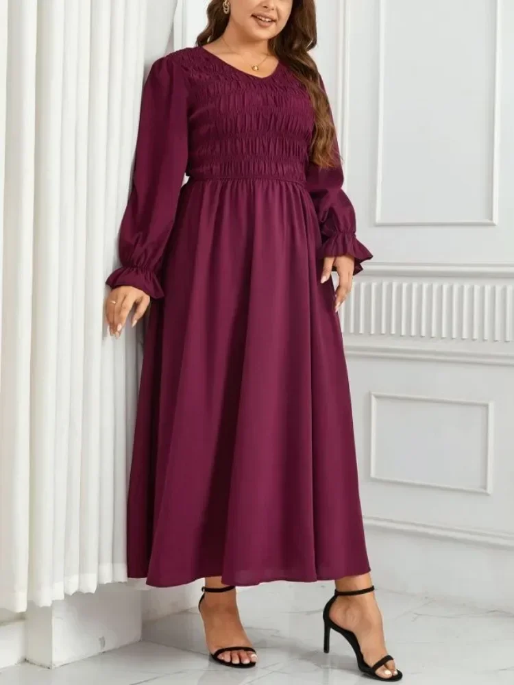 Plus Size Ruched Women Dresses V Neck Elastic Long Puff Sleeves Autumn Fall Sprimg Robe Solid Color Flowy Odzież Damska