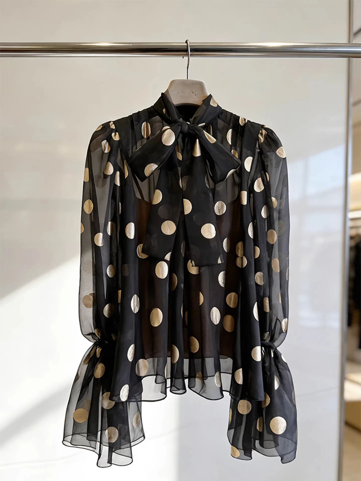 Black Polka Dot Shirt Women's Spring 2026 Long Sleeve Bell Bottom Elegant  Shirt Commute Style Straight Cut Silk Top