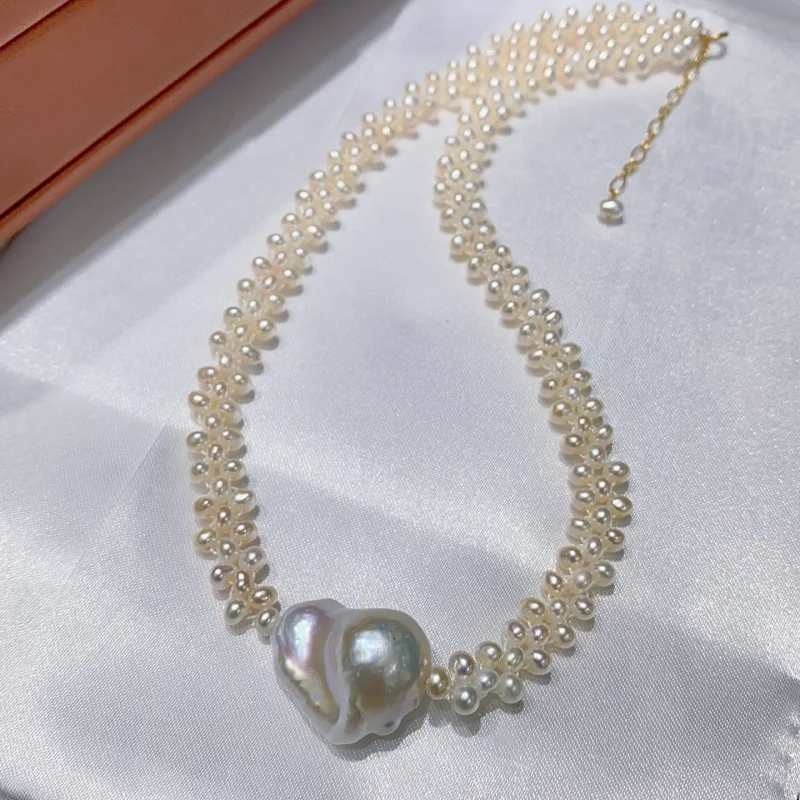 

SGARIT 100% Real 14K Gold Heart Baroque Pearl Pendant Wedding Necklace Women Fashion Temperament Glossy Anniversary Jewelry