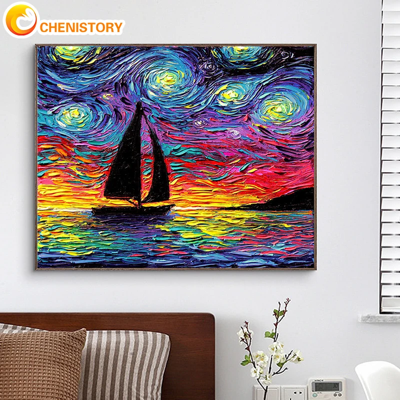 

CHENISTORY Oil Painting By Numbers Colorful Starry Sky Sailing Boat Handpainted Pictures By Numbers Painting For Adults