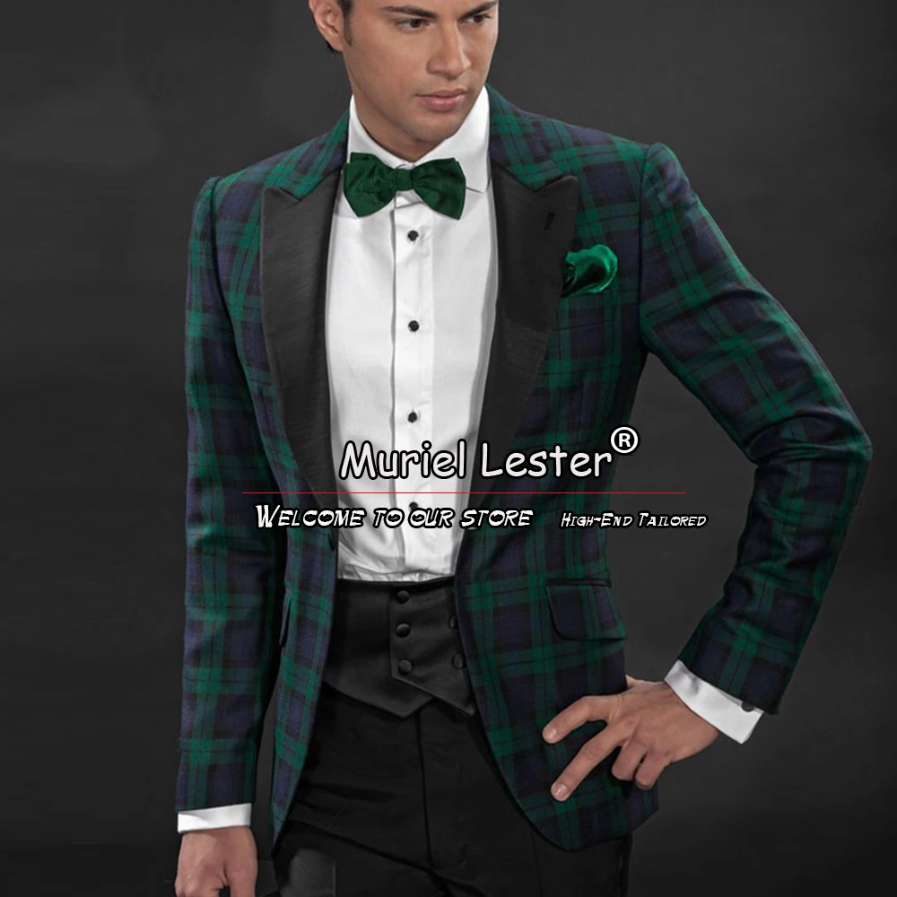 

Classic Safari Suits Men Custom Made Black Peak Lapel Green Plaid Check Jacket Pants 2 Pieces Groom Wedding Tuxedo Costume Homme