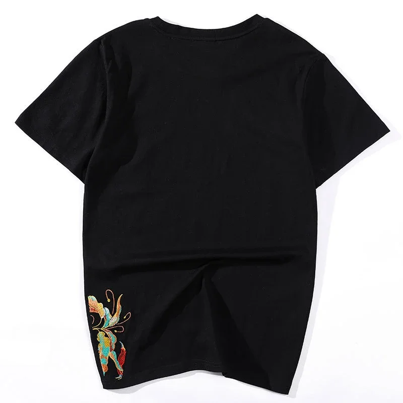 Lyprerazy Men's Hip Hop Chinese Peony Embroidered Flower T-Shirt Streetwear Tops Tees Harajuku Embroidery Ethnic Clothes