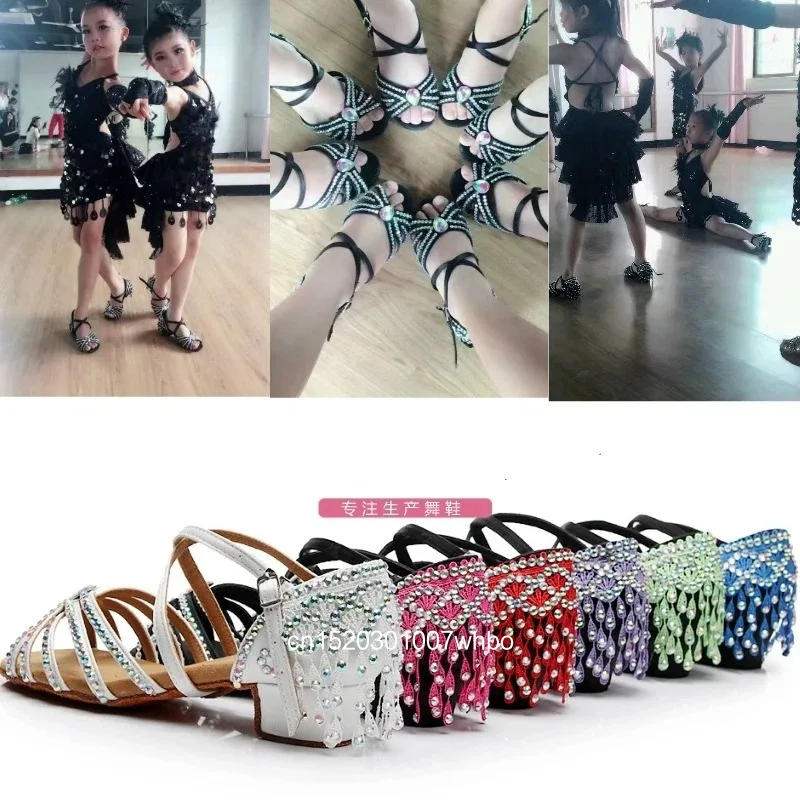 Novos sapatos de dança latina para crianças, sapatos de diamante para meninas, sapatos de dança com borla de sola macia, sapatos de dança padrão de competição