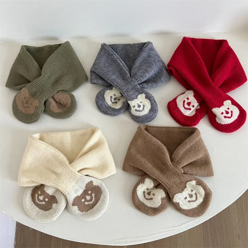 Winter Baby Scarf Cute Cartoon Infant Cross Neck Cover Collar Solid Color Woolen Children Neckerchief