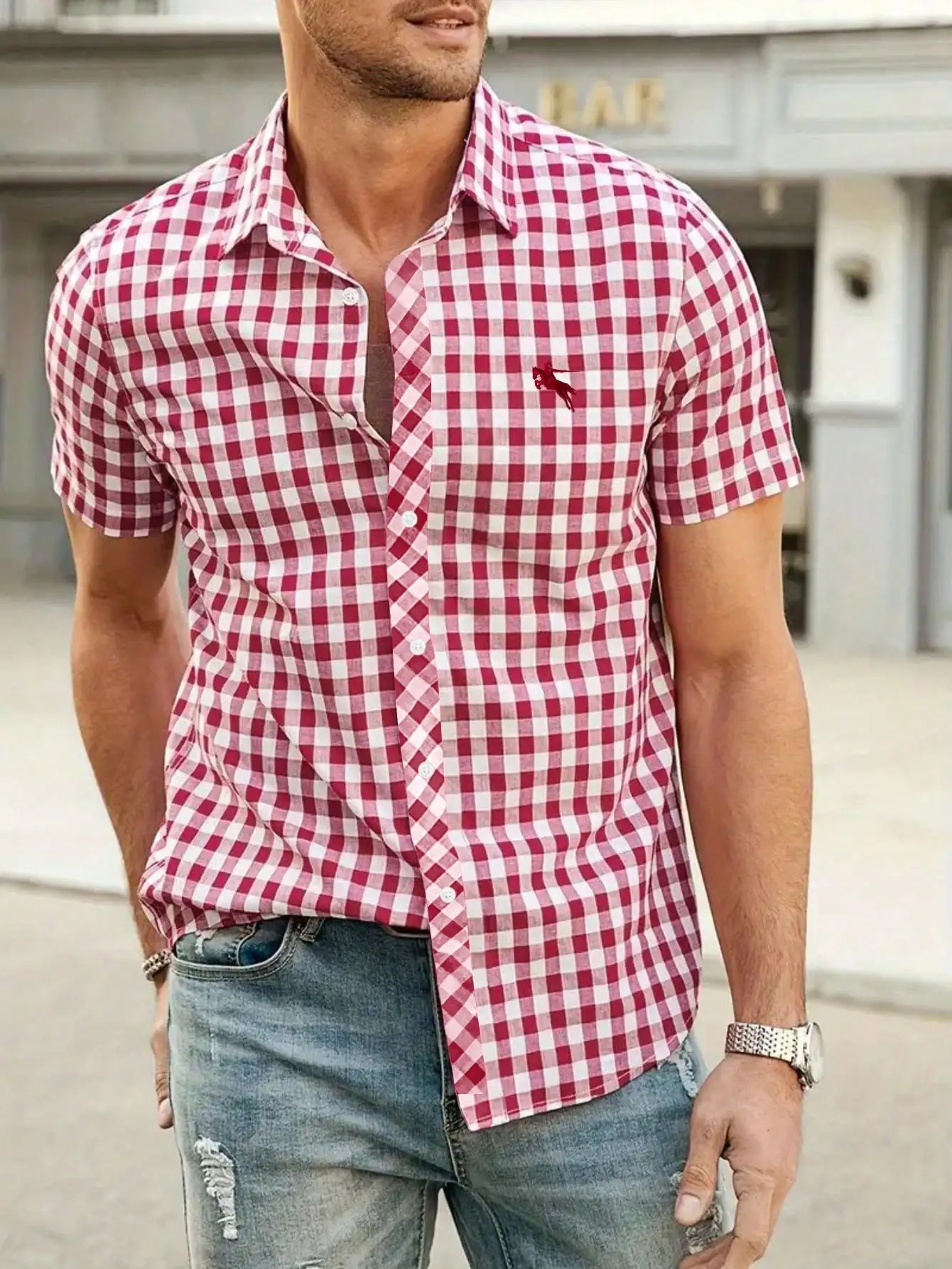 

Men's Red and White Gingham Short Sleeve Casual Shirt with Embroidered Motif