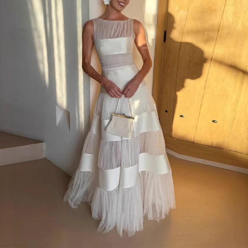 

2026 New Elegant Light Luxury Dress Mesh Satin Splicing Casual Seaside Vacation Dress Women