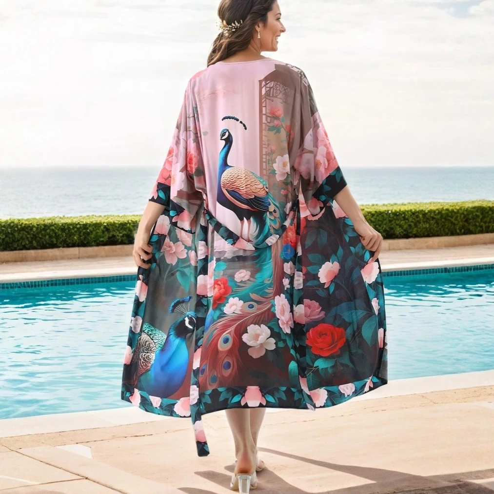 Ethnic Cotton Rayon Floral Printed Cardigan For women Robe gown swim Cover-up Boho Beach Wear Kimono blusas bikini cover-ups