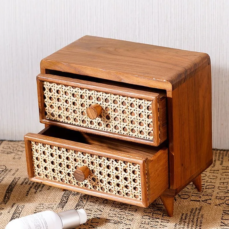 Storage Boxes Desktop Wooden Storage Cabinet Office Desk Rattan Small Drawer Sundries Storage Box Organizador De Maquillaje 3