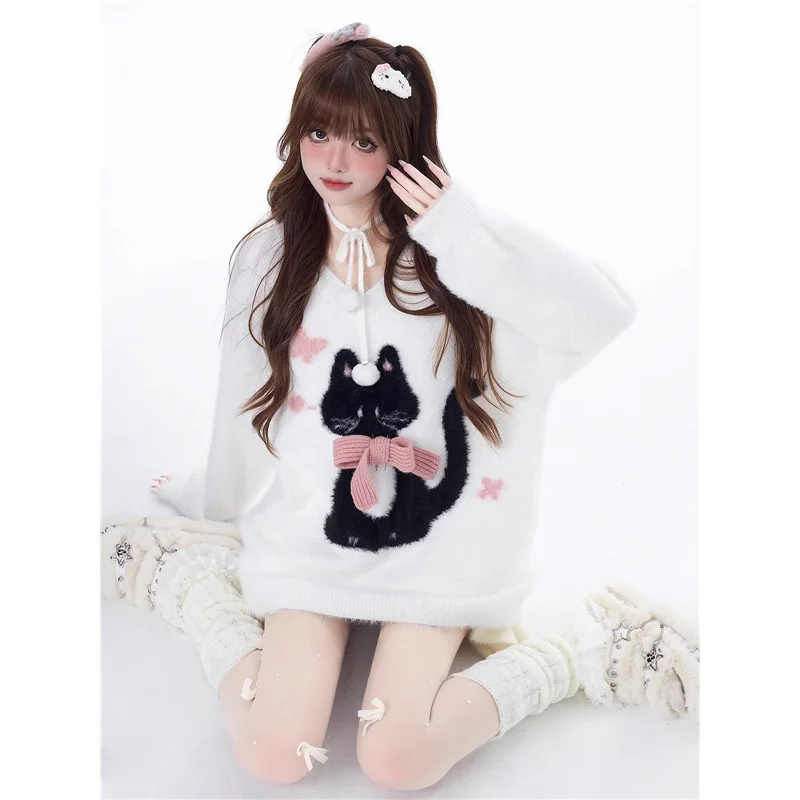 เสื้อสเวตเตอร์สไตล์ญี่ปุ่นน่ารักสำหรับผู้หญิง คอกลม ลายการ์ตูนแมว แขนยาว สไตล์ลำลอง สำหรับสาวๆ เสื้อพูลโอเวอร์ ฤดูใบไม้ผลิ ฤดูใบไม้ร่วง