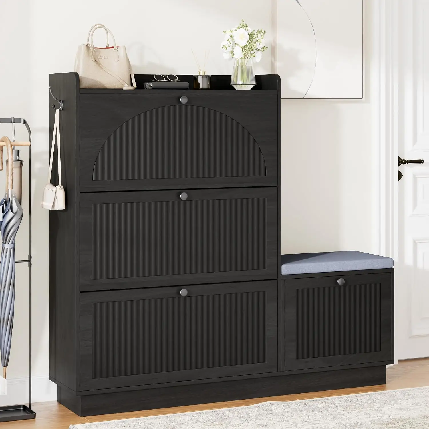 Shoe Storage Cabinet with 4 Flip Drawers, Shoe Bench (Black), Customized