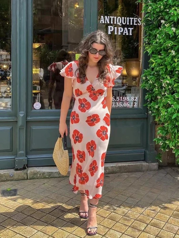 

Элегантное платье с завышенной талией и цветочным принтом, красное, с коротким рукавом, глубоким V-образным вырезом, для летнего отдыха и пляжа, миди-платье в горошек