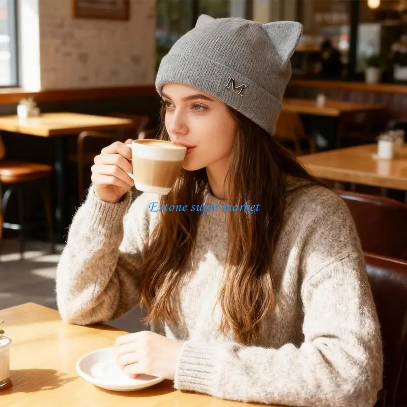 090B Вязаная шапка с кошачьими ушками, теплая зимняя шапка из смеси шерсти, уютный женский головной убор, дизайн