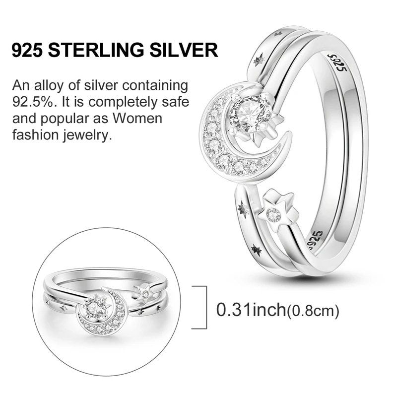 Women's 925 Silver Sun Moon Stars Ring, Sparkling Design