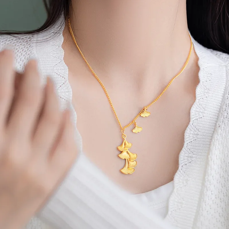 9999 real gold 24K yellow gold Ginkgo biloba clavicle necklace