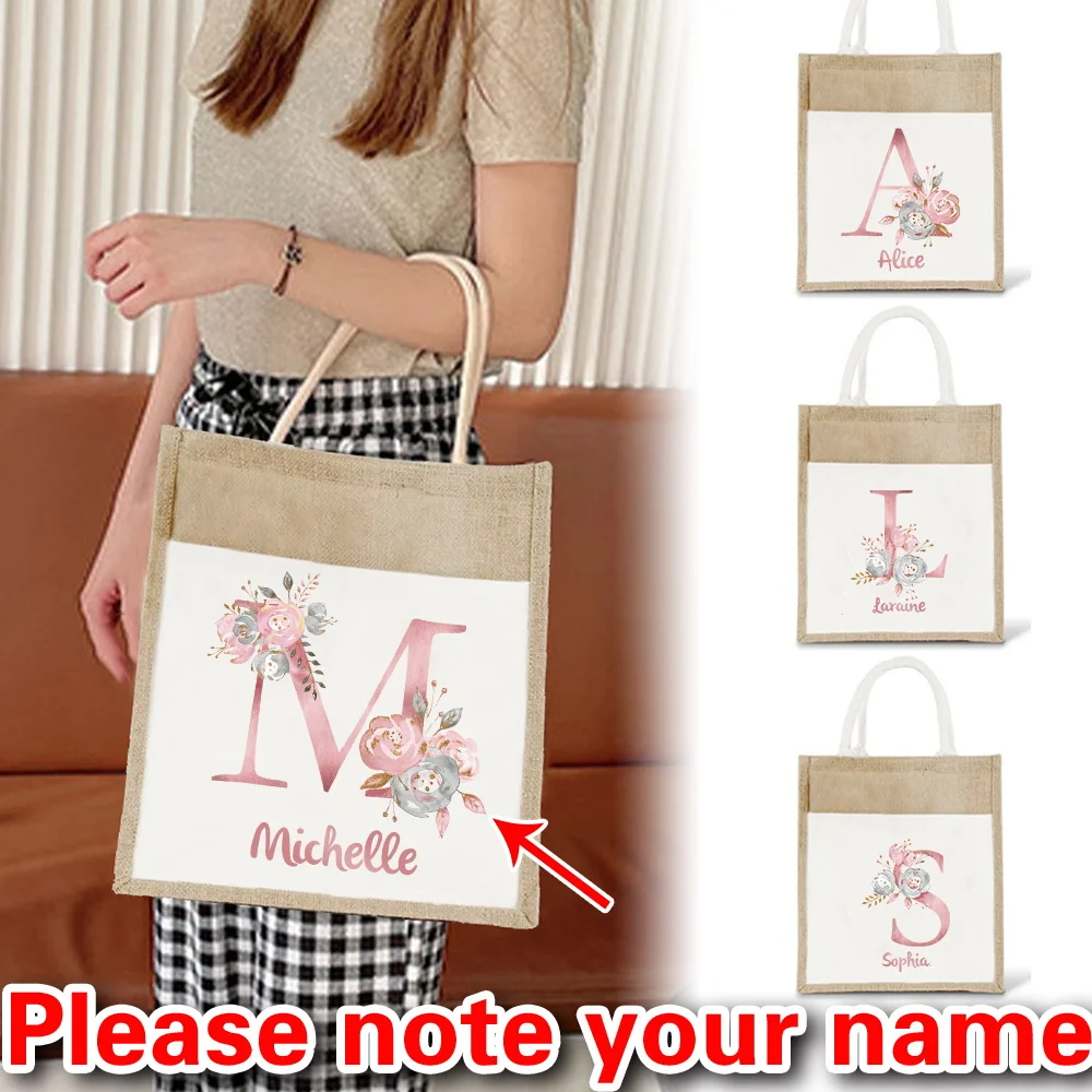 

Customizable Name Reusable Large Capacity Handbag Pink Letter Pattern Yellow Linen Handbag Shopping Storage Bag