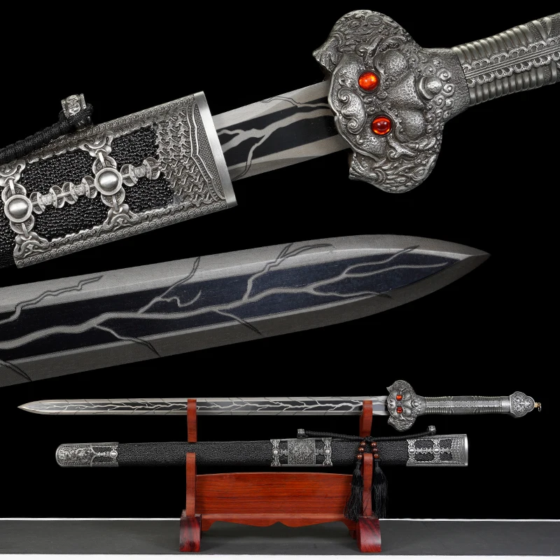 Chinese Yongle Jian Sword Manganese Steel Blade Real Handmade Full Size Metal Handle Decorative Black Dragon Katana Home Decor