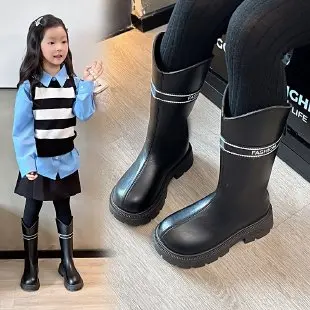 

Girls Autumn Winter Leather Boots Korean Version Letter Solid Color Fashion Boots Fleece Princess Warm Side Zipper High Boots