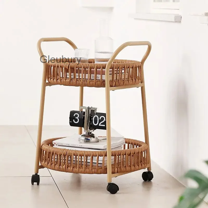 Style Bohemian Double-Layer Rattan Storage Trolley with Wheels, Multifunctional Hand-Pushed Serving Cart for Living Room