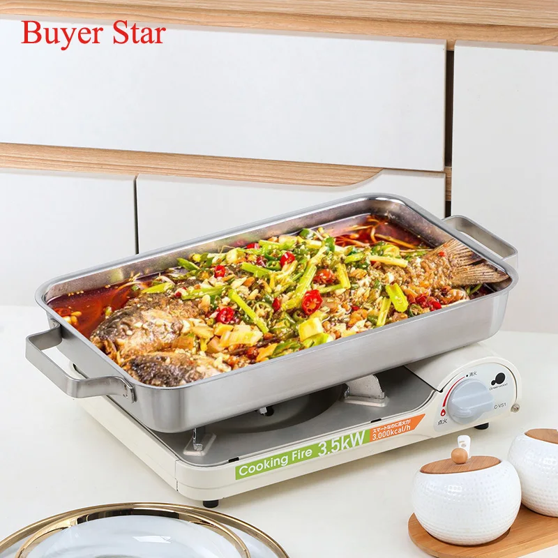 Portable Stainless Steel Flat Bottom Grilled Fish Plate Korean BBQ Tray Plate Rectangular Dinner Baked Plate Food Container