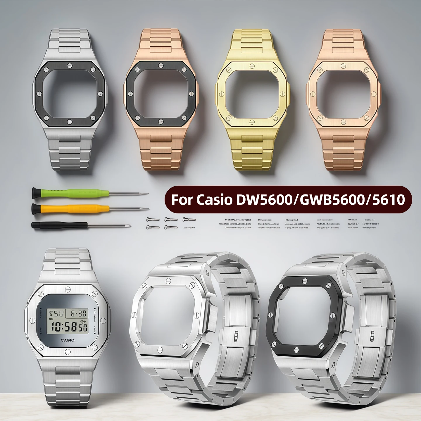 DW5600 GW-M5610 GW-B5600 Modified stainless steel bezel and watchband For G-SHOCK Casio 5600 5610 Metal case strap Mod Kit set