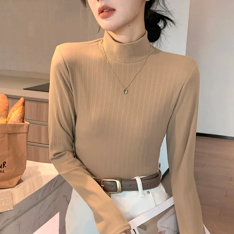

Half turtleneck bottoming shirt for women, ribbed knitted sweater, autumn and winter style, long-sleeved warm inner tops