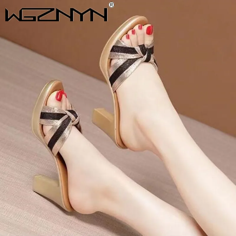 Fashion Elegant Stripe Bow Block High Heels Slides Women Platform Shoes Summer 2024 Thick Sole Slippers for Office Outside Shoes