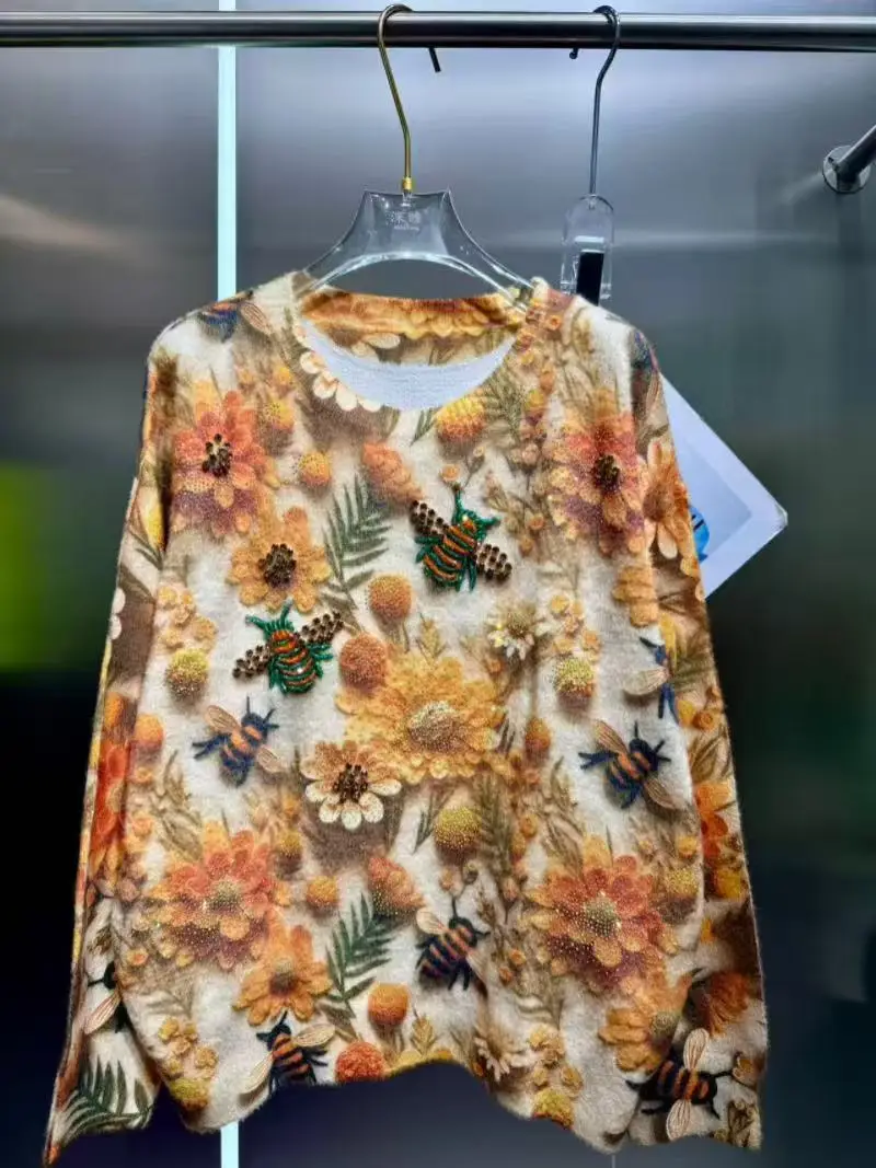 Suéter de punto con piedras de cristal brillantes para mujer, suéteres de otoño/invierno, Jersey de punto nuevo, prendas de vestir, suéter, ropa femenina