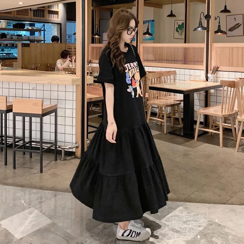 Grande taille été décontracté ample femmes Dr ort Sve couvrir longue t-shirt Dr Faionable a-ligne jupe Sle