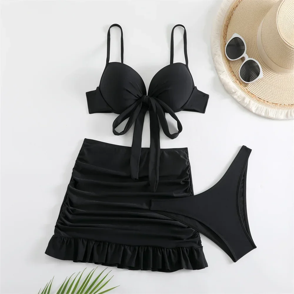 Purple Bikini Push Up Swimsuit Bowknot Bandage Swimwear Pads Women Ruffles Pleated Skirt Thong 3 Piece Beach Outfit Bathing Suit