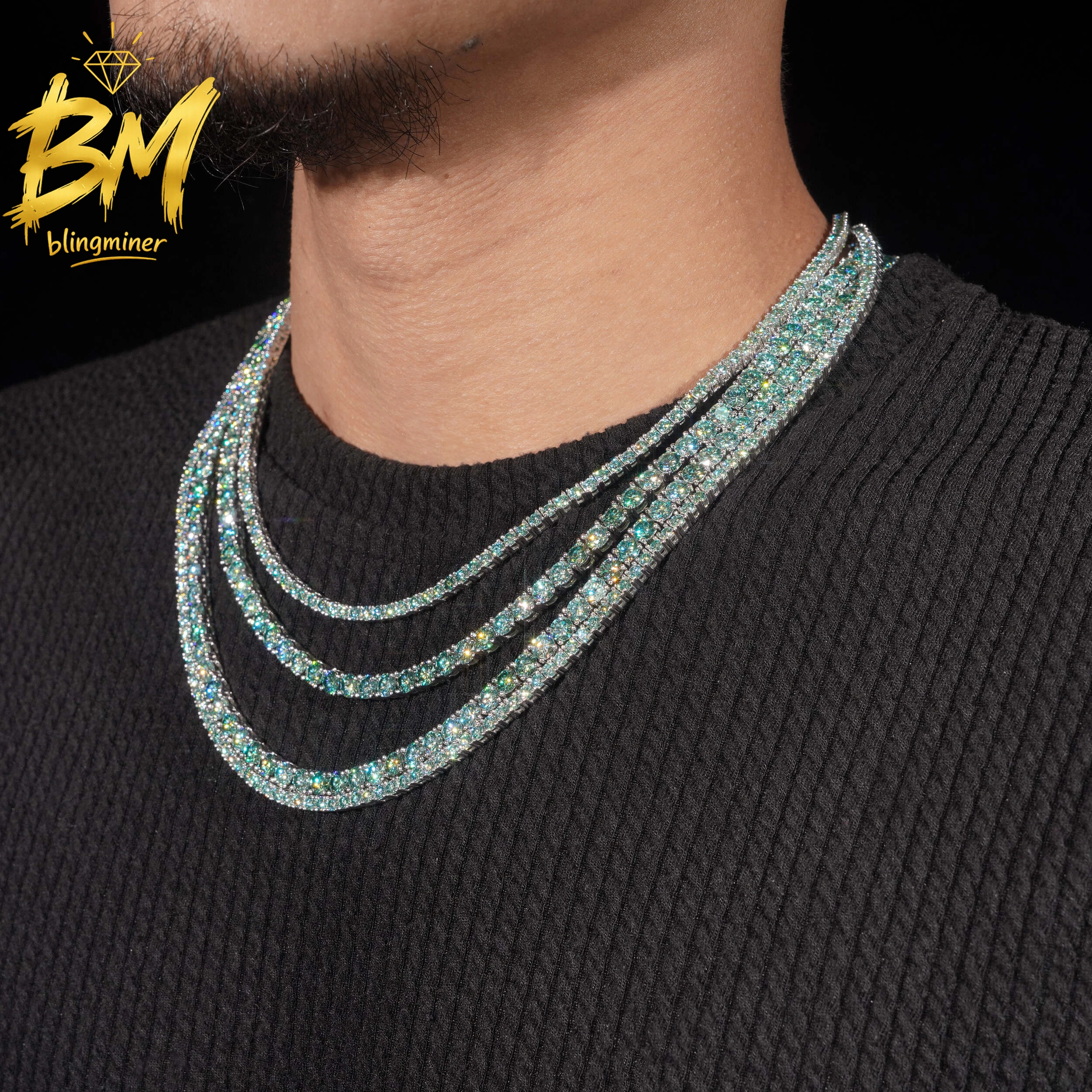 Blingminer Blue Green Color 3mm 4mm VVS Moissanite Tennis Chain Iced Out Necklaces For Men S925 Silver Pass Diamonds Tester GRA