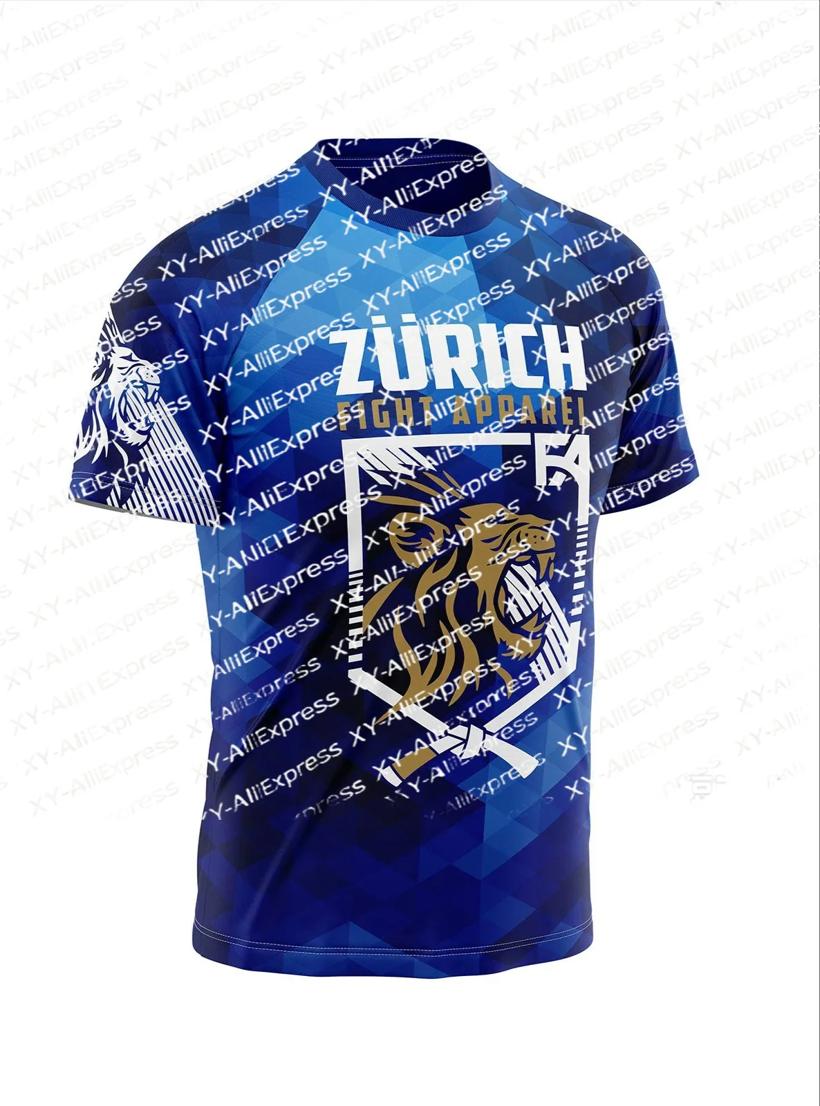 Men's Quick-Dry Breathable T-Shirt with Lion Shield Pattern, Blue Polygon Camouflage, MMA Boxing T-Shirt, Combat Sports Top