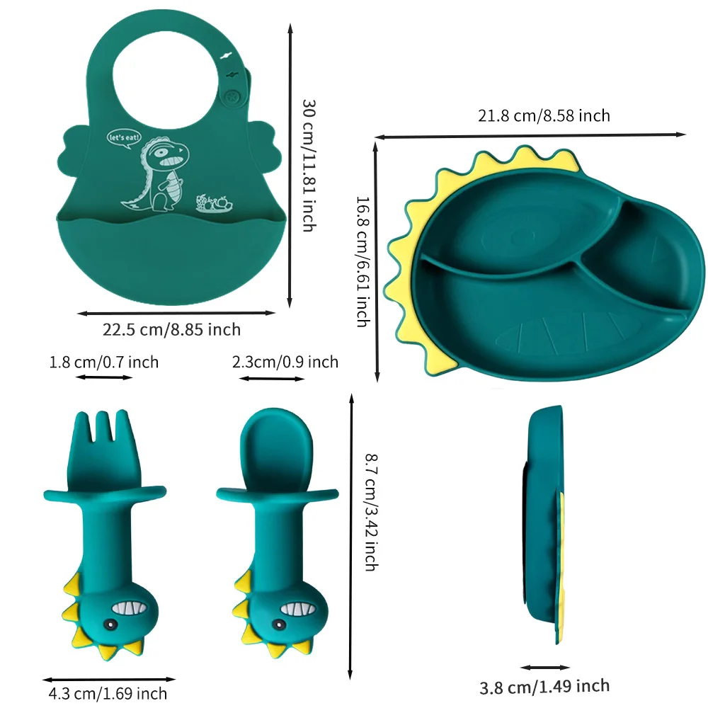 4-częściowy silikonowy zestaw do karmienia dziecka, przybory do karmienia dziecka w kształcie dinozaura, żaroodporne naczynia do jedzenia dla