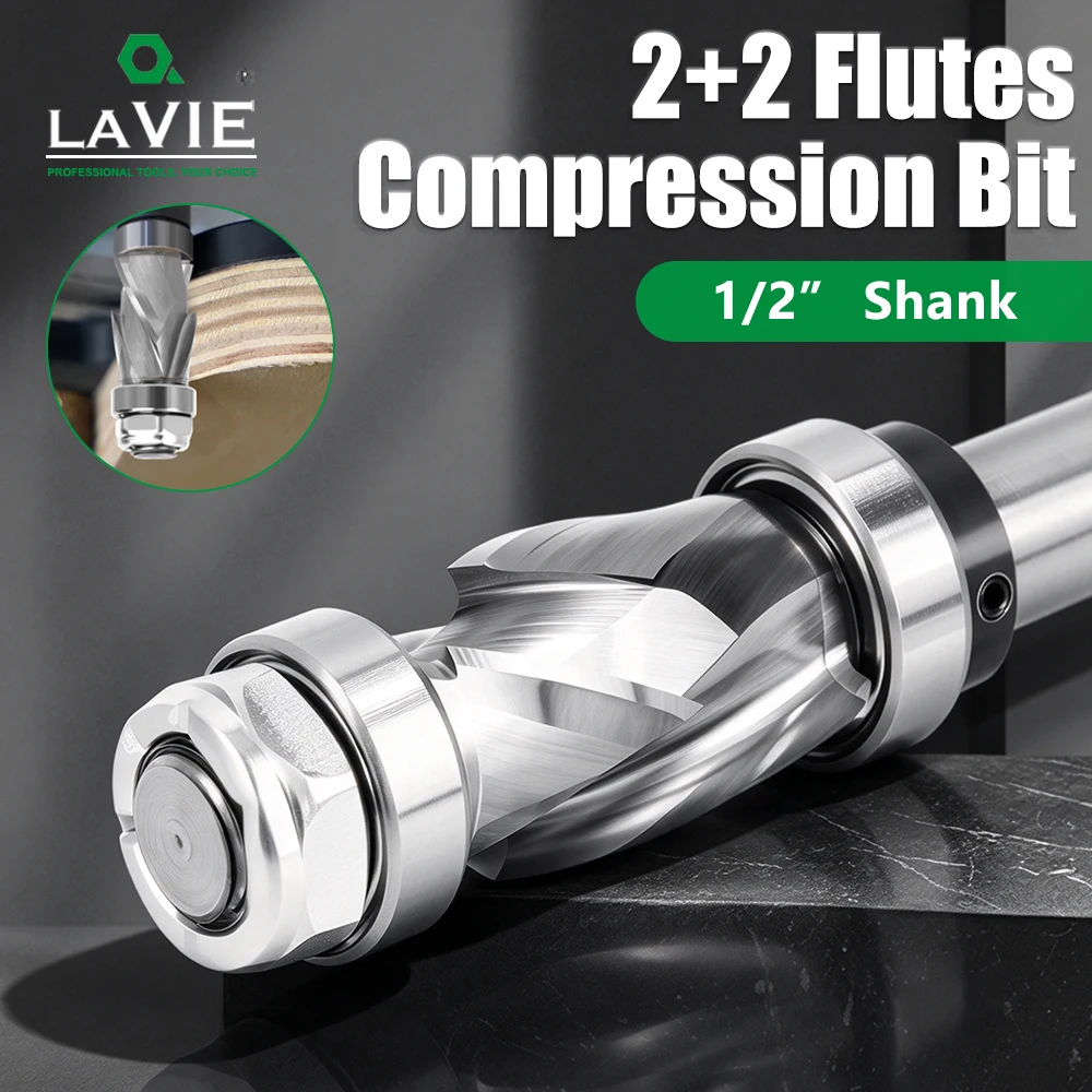 LAVIE 1/2 Inch Shank 2+2 Flutes Compression Bit Solid Carbide Up Down Cut Router Bit 7/8