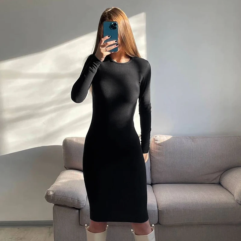 

New Autumn Winter Dresses Women Fashion Casual Slim O-Neck Long Sleeves Elegant Dress Sexy Black Female Club Party Maxi Dresses