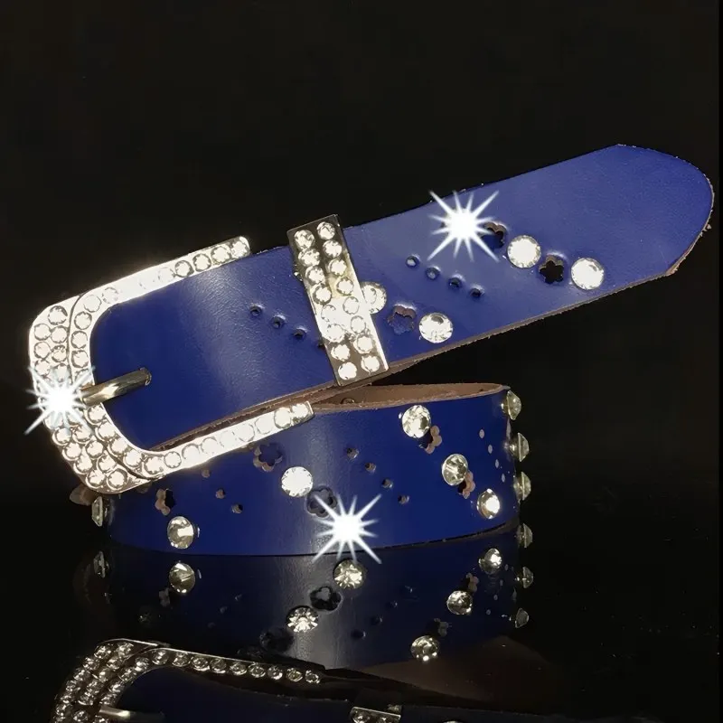 YK2 Leather Button Closure Women's Waist Belt with Fashion Leopard Print and Rhinestone Trim. Width: 3.3cm. Length: 110cm.