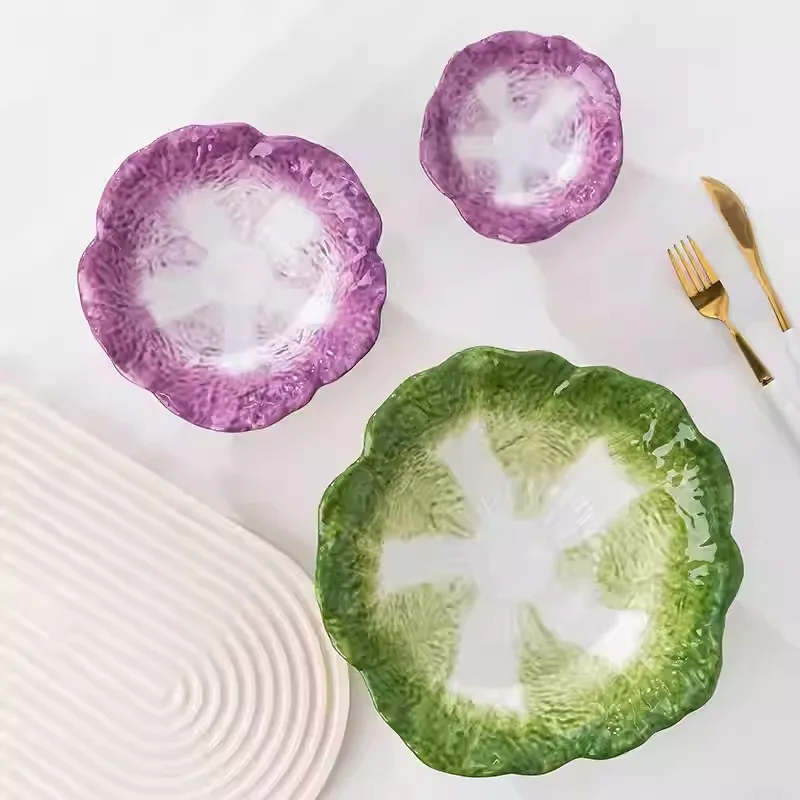Cabbage Shaped Ceramic Bowl, Green Hand-Painted Serving Bowl, Multi-Use Bowl for Salad Noodles Snacks Soup Rice Fruit Dessert
