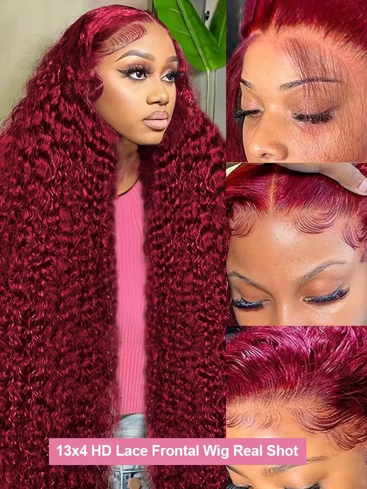 250 Density 13x4 Curly 99J Burgundy Colored Lace Front Wig 30 40 Inch Deep Wave 13x6 HD Lace Frontal Human Hair Wigs For Women