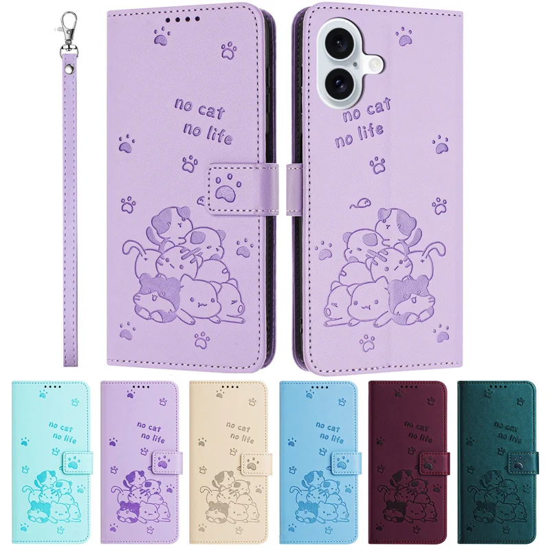 Wallet i Phone 16 15 Plus Case for Funda iPhone 15 16 14 13 12 11 Pro Max 6 7 8 SE SE4 Cases kawaii Cat Leather Flip Cover Women