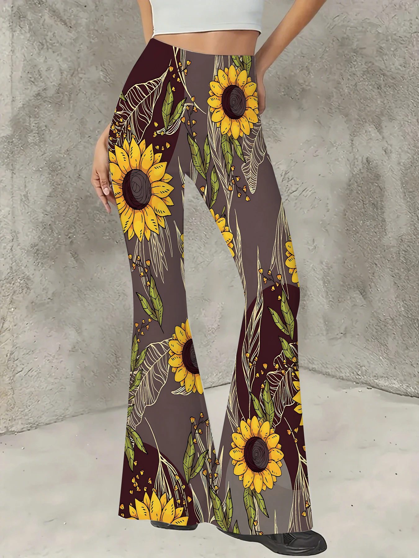 

Y2K Graphic Print Flare Pants Women High Waist Knit Bell Bottom Trousers