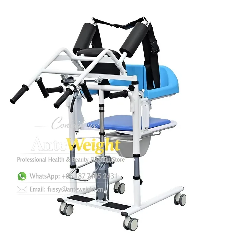 Hydraulic Patient Transfer Lift Chair with Commode Shower for Elderly Blue Hydraulic Transfer Chair with Back Holder