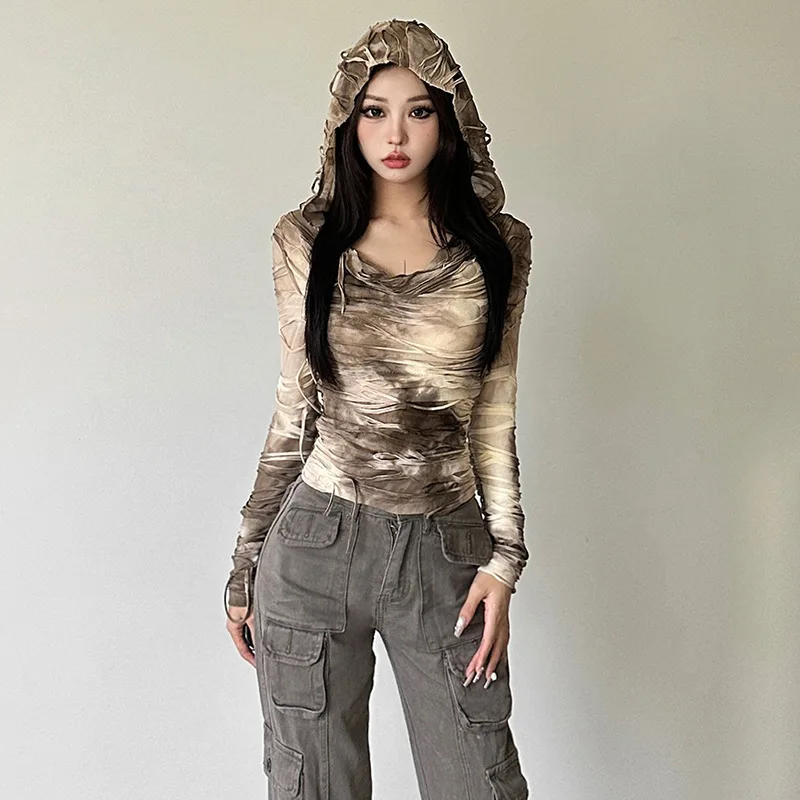 تي شيرت نسائي من Street Sle بقصة ضيقة طويلة Sve بلون نقي مع قلنسوة لملابس الخريف غير الرسمية من مادة البوليستر