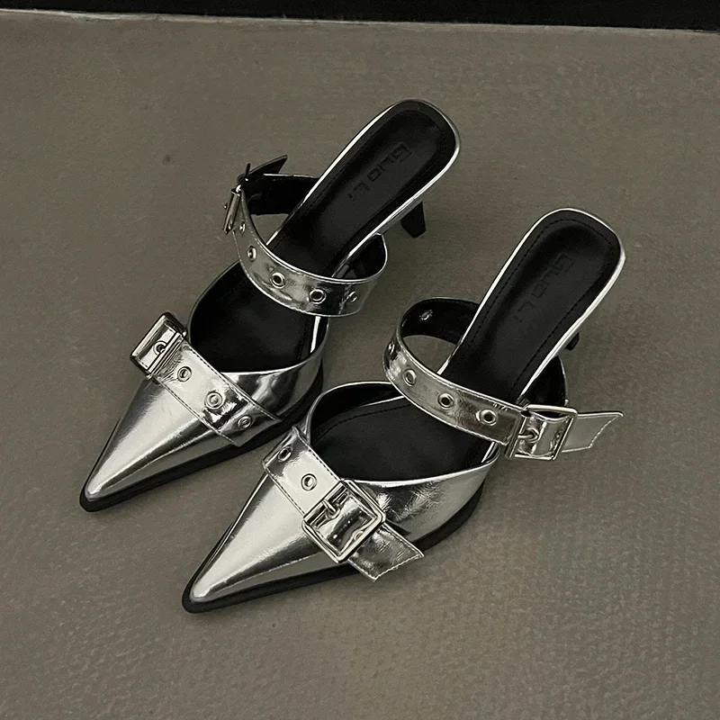 

New Punk Goth Metal Buckle High Heels Women's Sandals Summer Pointed Toe Silver Party Shoes Fashion Womens Pumps Shoes