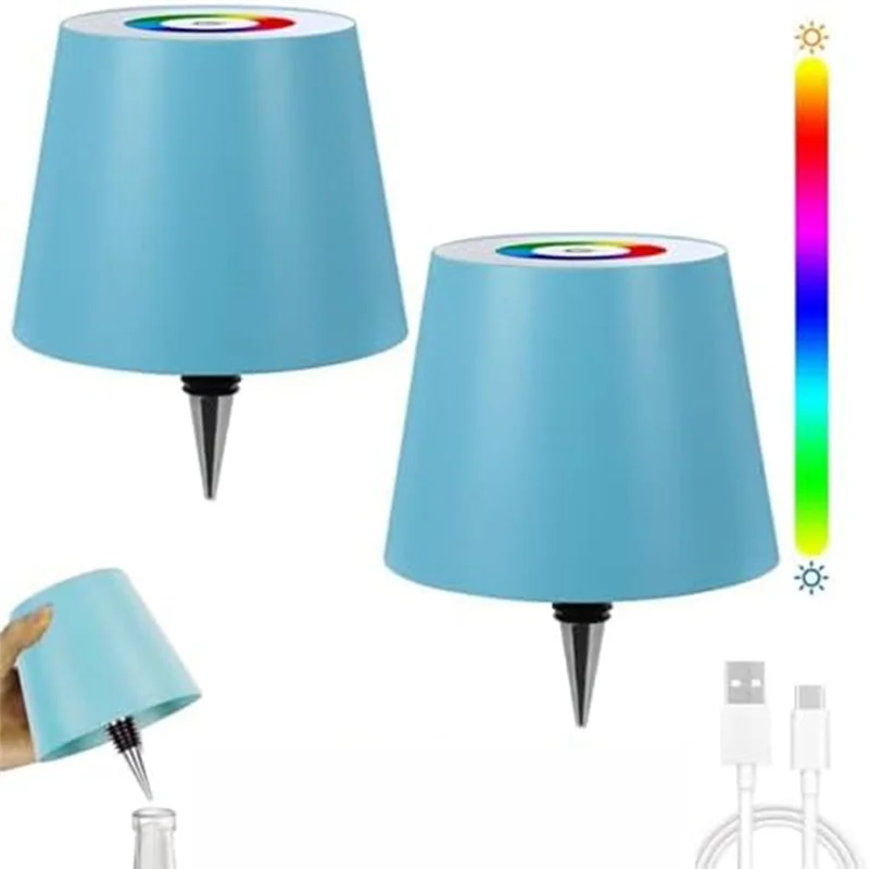 

AB15-2 шт. беспроводная лампа для бутылок с режимами RGB и 3-цветная плавное затемнение абажур для бутылок для вечеринок, баров, ресторанов, синий