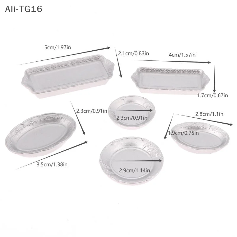 6Pcs 1/12 Puppenhaus Silber Teller Tablett Modell Puppenhaus Küche Geschirr Dekoration Spielzeug Puppen Haus Zubehör