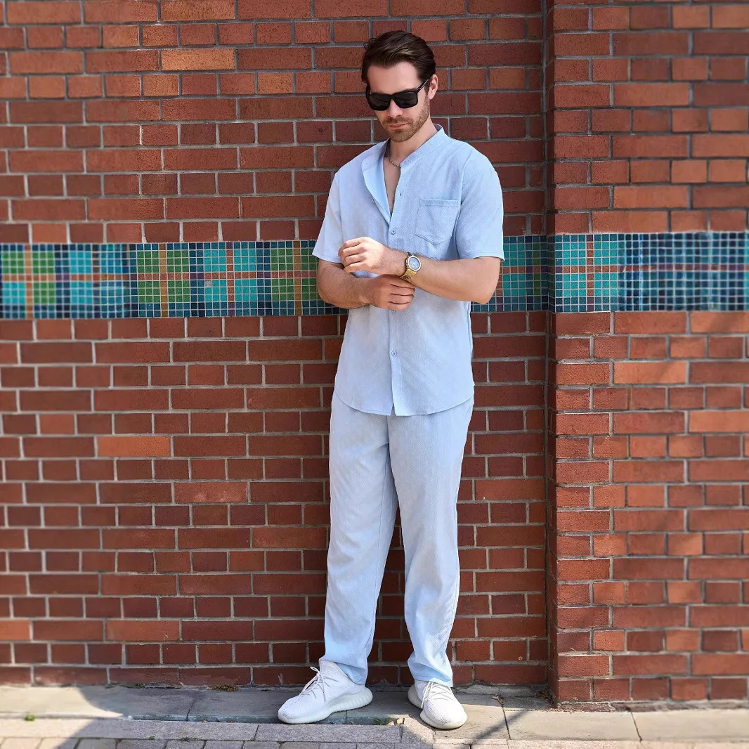Summer Men's Jacquard Solid Color Casual Stand-Up Collar Pocket Cardigan Shirt Short Sleeve Pants Set