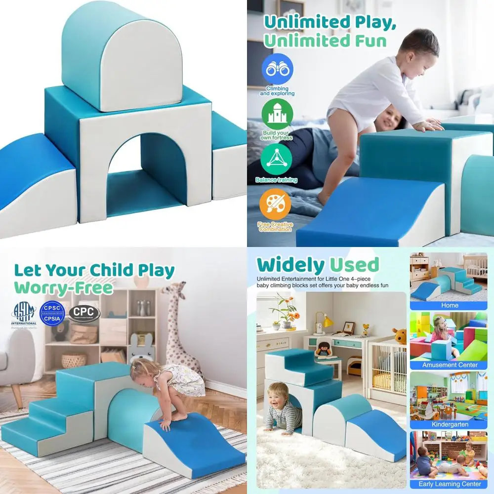 Zielone piankowe klocki do wspinaczki z zjeżdżalnią i tunelami dla maluchów: 4-częściowy miękki zestaw do zabawy.