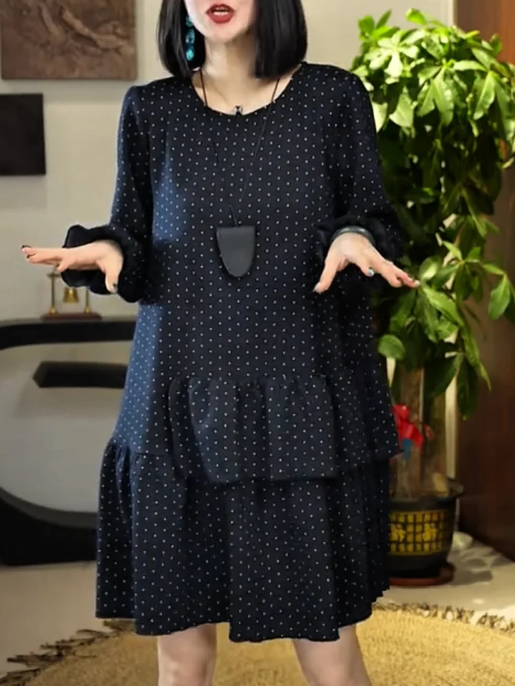 

Ele Polka Dot round Ne Dr Women's plus Size Faion Slimming Top for Autumn Season French Sle Loose Fit Long Sve