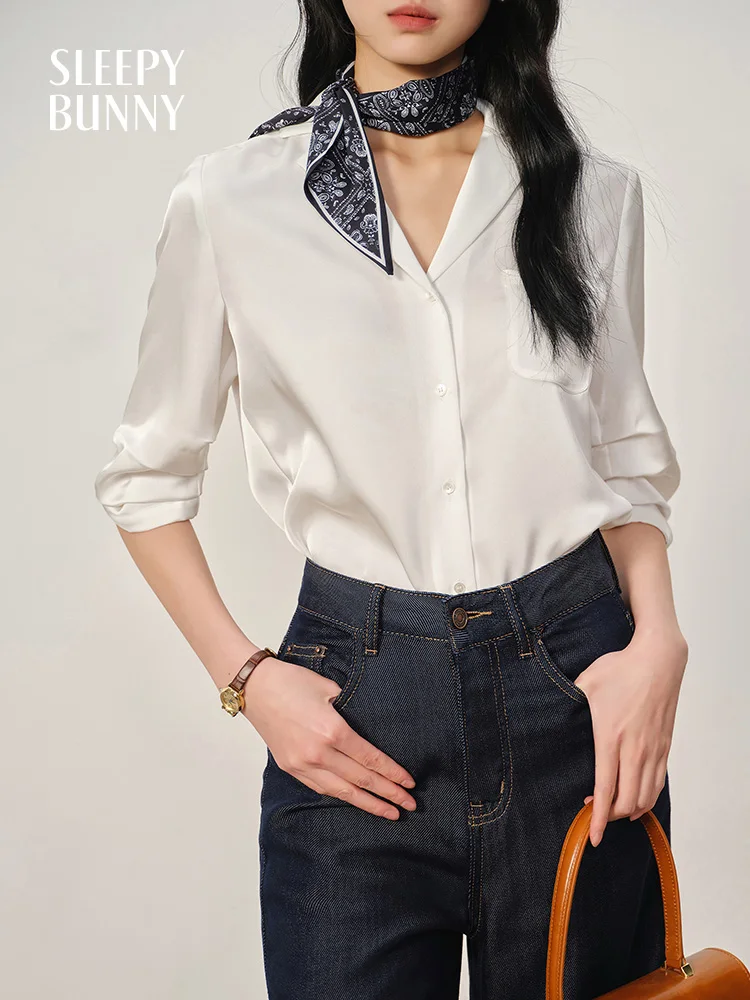 Elegant Satin Blouse for Women French Style White Shirt with Pocket Summer Office Wear Top for Slim and Chic Daily Commute Look