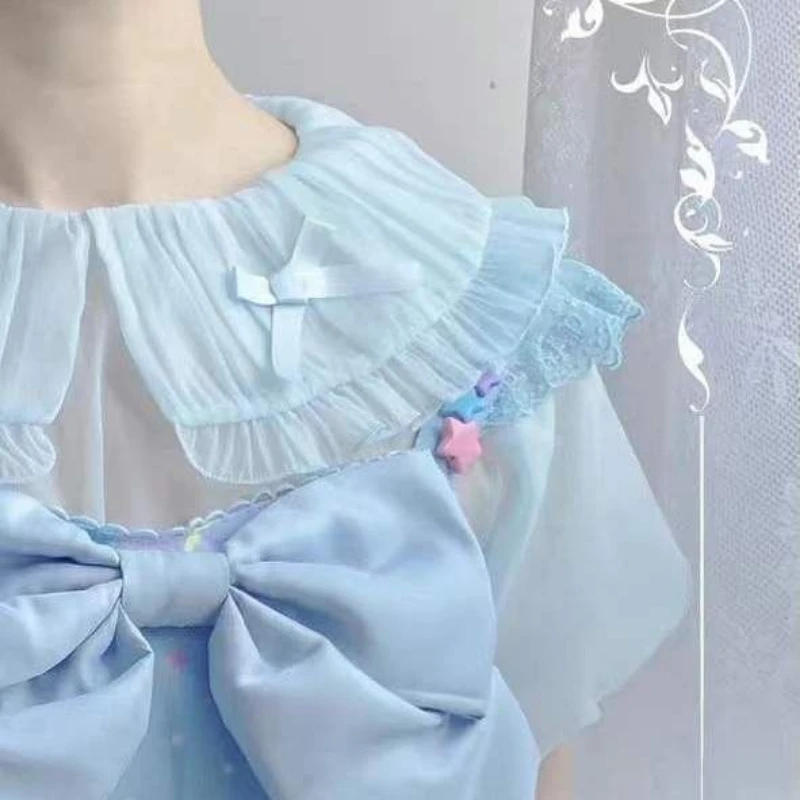 Lolita doce gola arco camisa harajuku vintage ver através grunge blusas de fadas 2025 verão y2k estética babados bonito topos