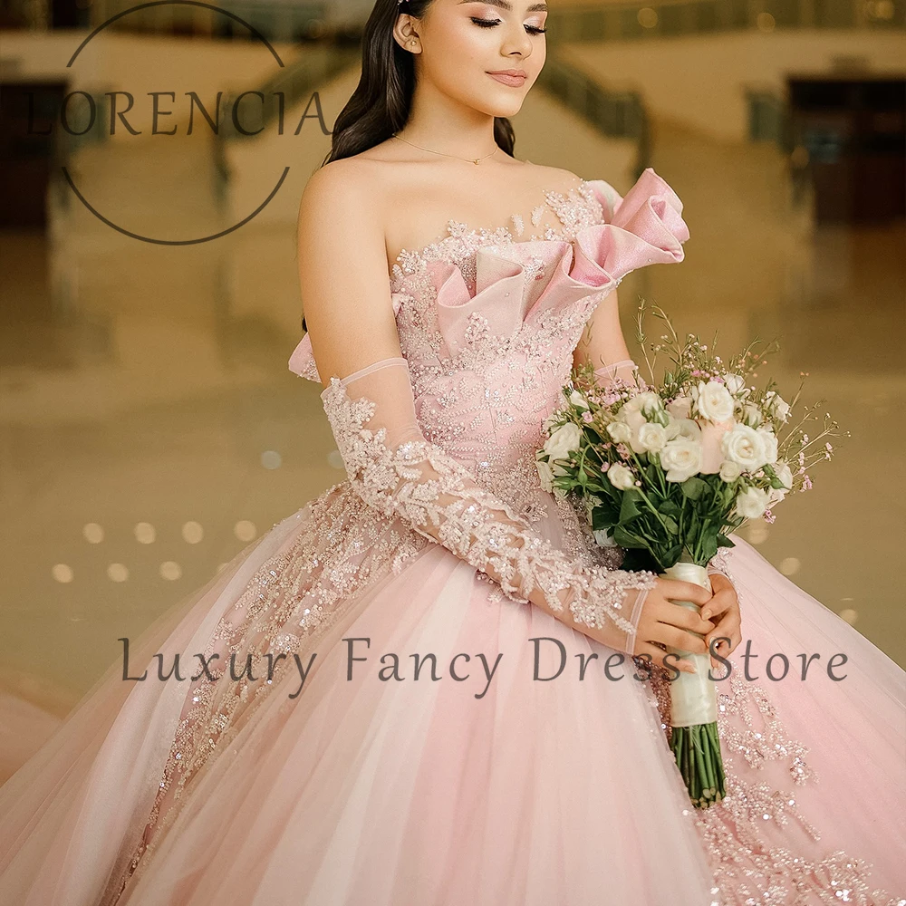 Eleganckie, błyszczące sukienki Quinceanera z aplikacjami 2025, suknie balowe na jedno ramię, sukienki urodzinowe, szyte na miarę, kryształowe vestidos de 15 rosa